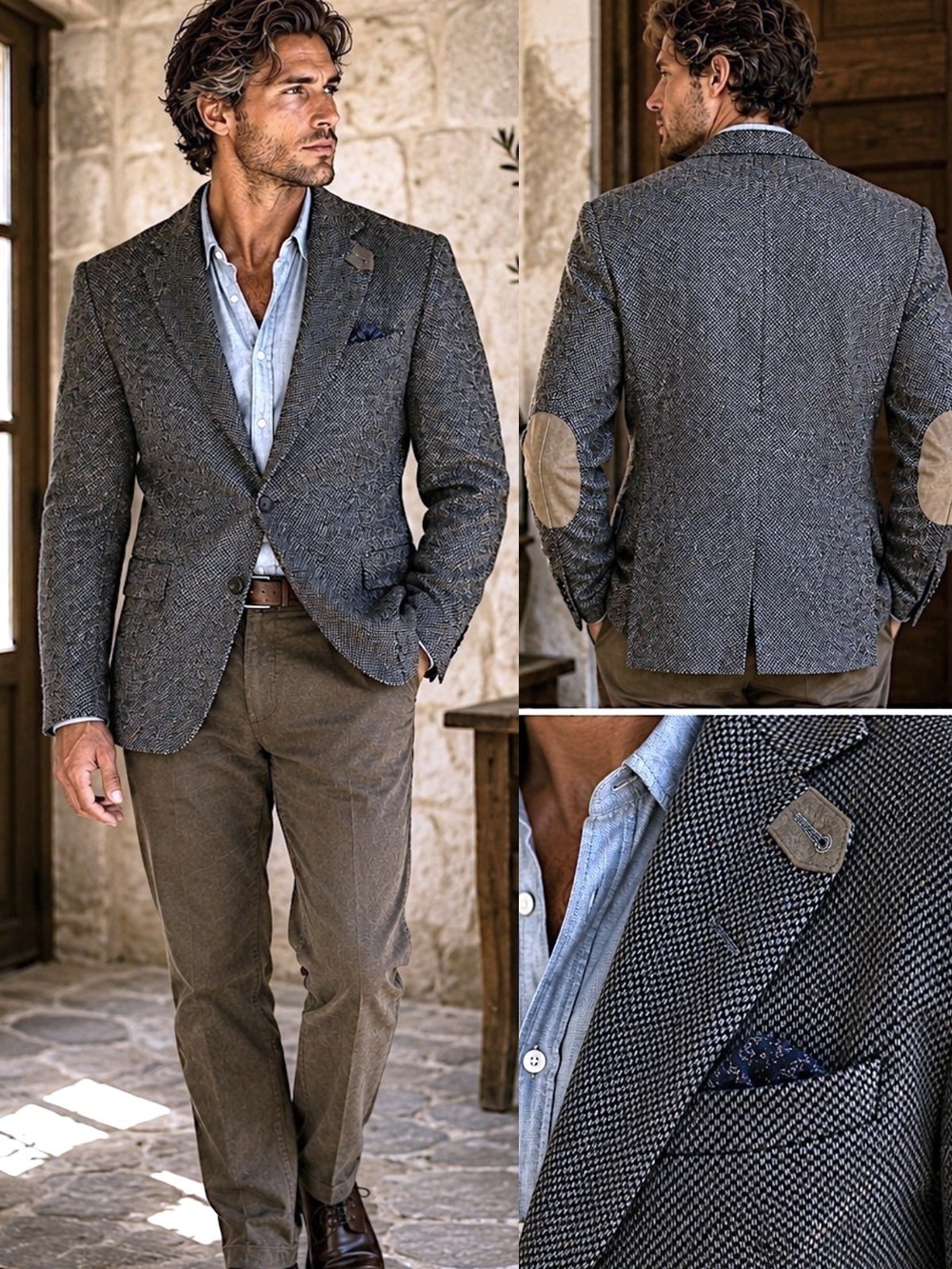 Vtg Donegal Wool Tweed Blazer 48L Suede Elbow Patch Fleck USA Old Money Stafford